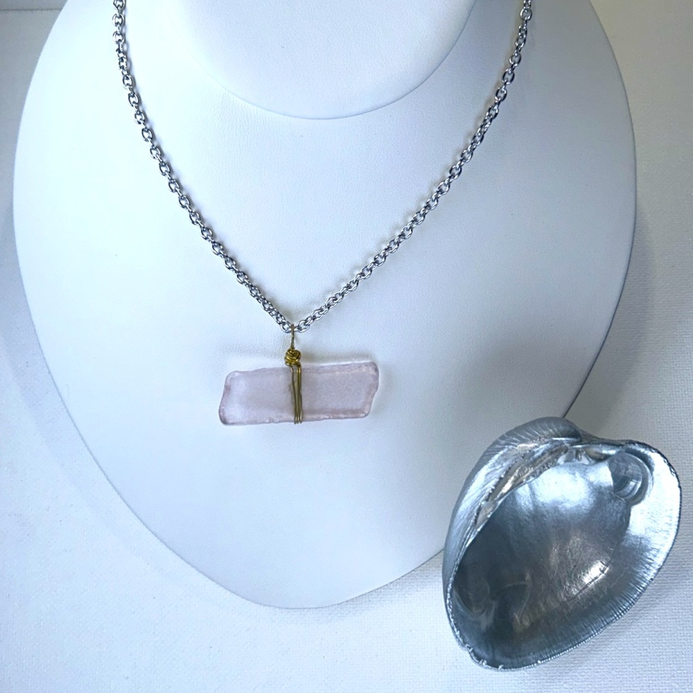 Handmade Sea Glass, Brass, & Stainless Steel Necklace Gilded Sea Shell Ring Dish